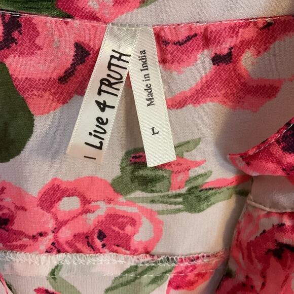 I Live 4 Truth Blouse Women Size L Pink Floral Hi Low Hem Roll Tab Sleeve - Picture 2 of 11